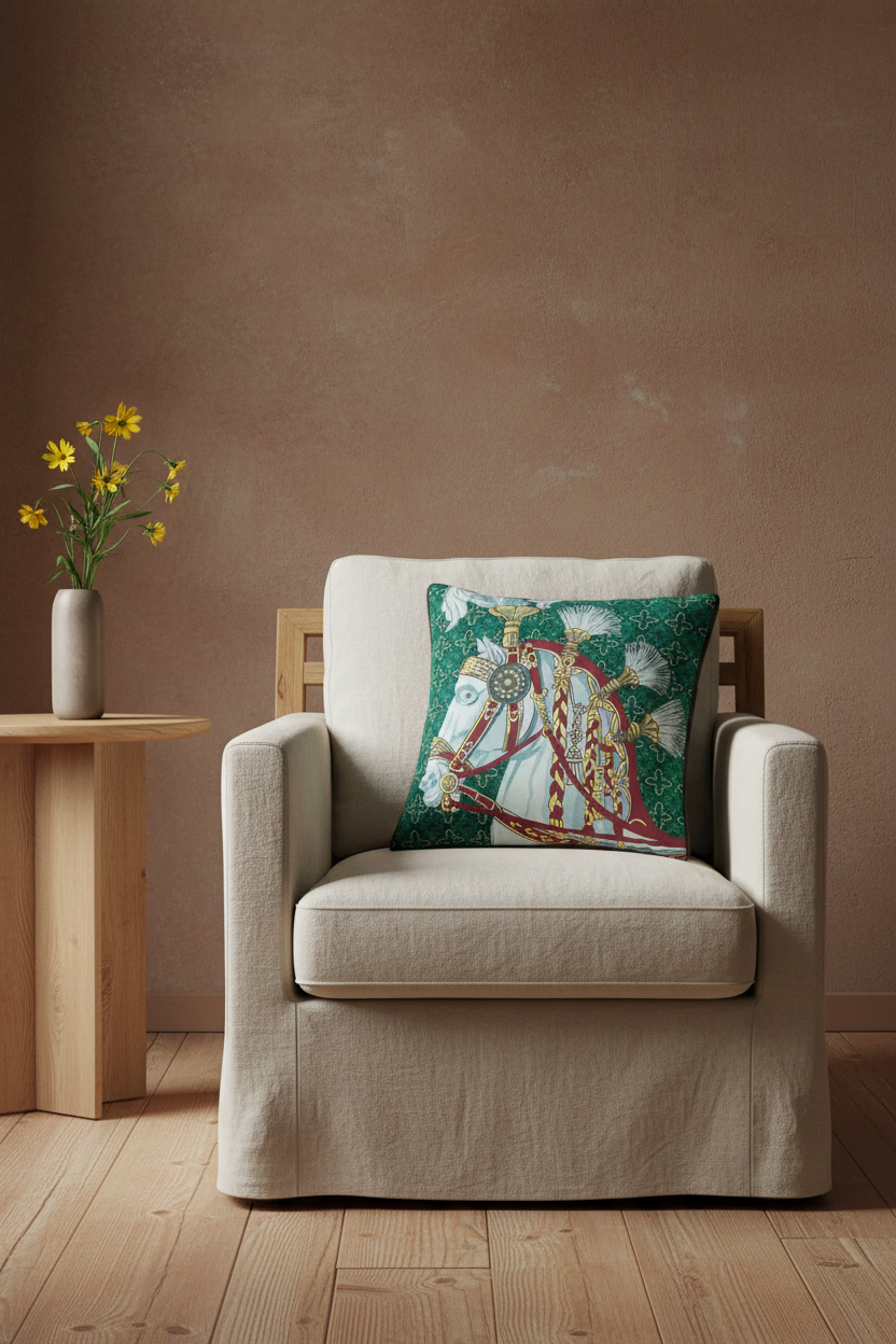 A beige upholstered armchair in a styled room setting, featuring a decorative square throw pillow with a green and white horse-and-carriage pattern. A small wooden side table with yellow flowers stands to the left against a textured brown wall and light wood floor.