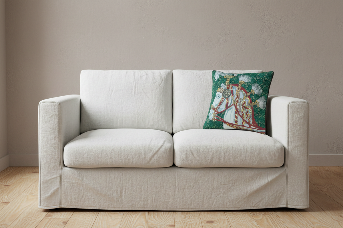 A light beige slipcovered loveseat sofa with two seat cushions and a decorative green patterned accent pillow, set against a neutral beige wall and light wood floor.