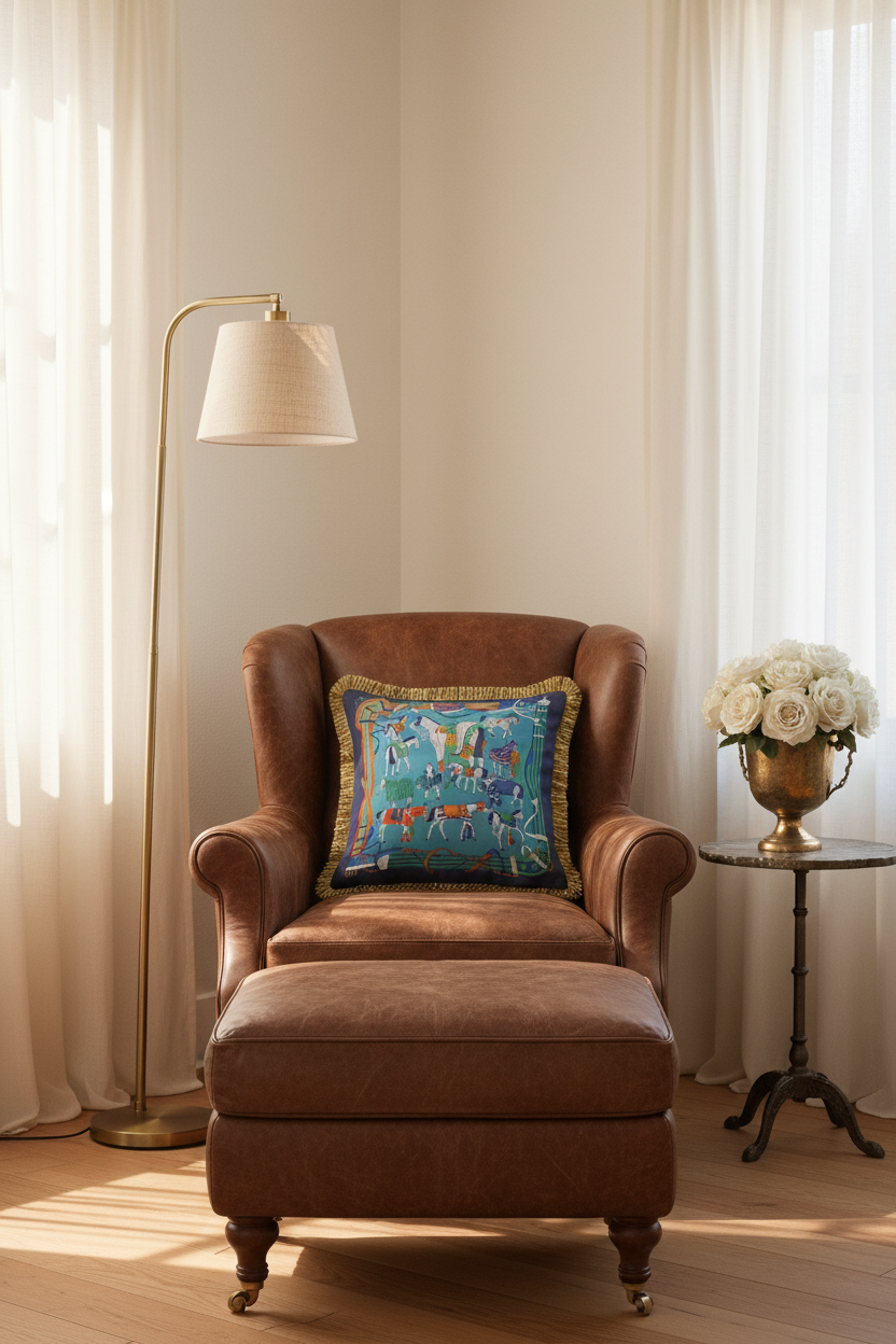 A square decorative throw pillow with a colorful landscape print and gold fringe, styled on an olive green velvet sofa next to a wooden side table.