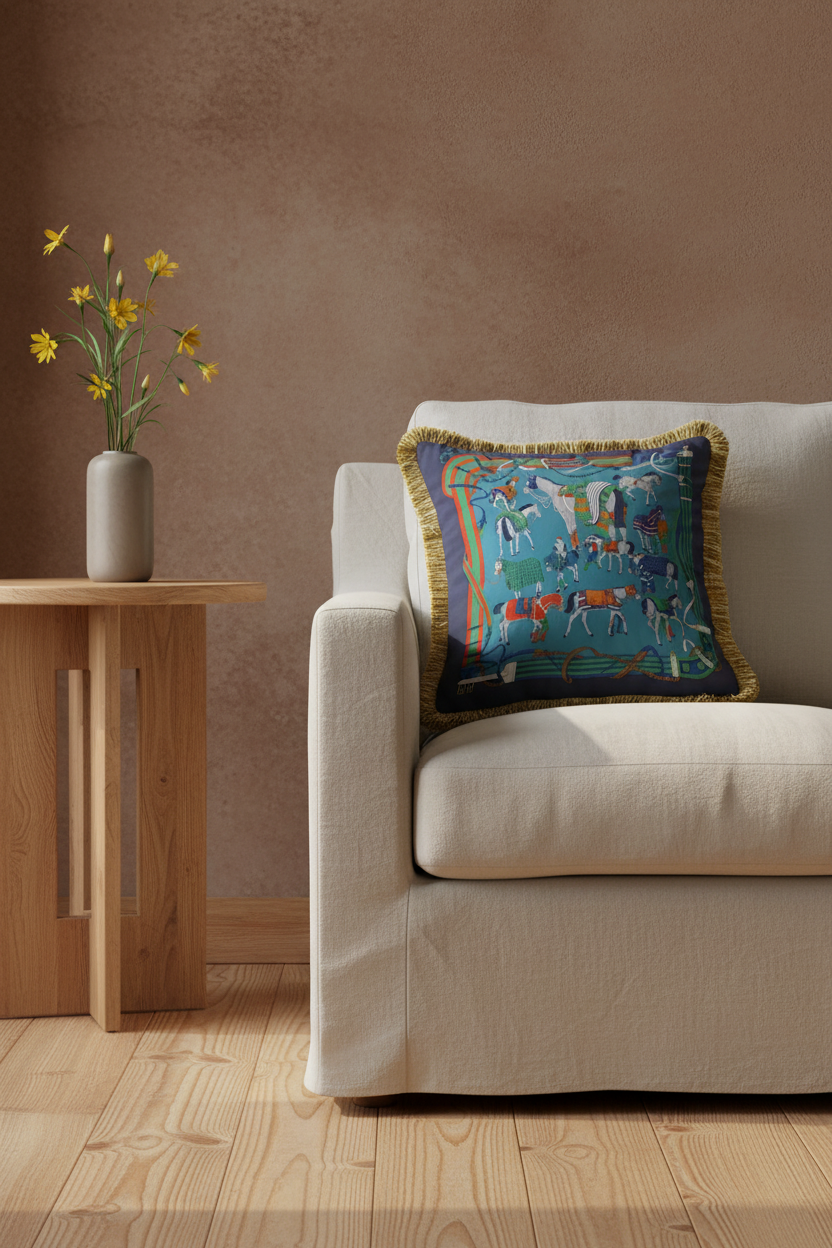 A square decorative throw pillow with a colorful landscape print and gold fringe, styled on an olive green velvet sofa next to a wooden side table.