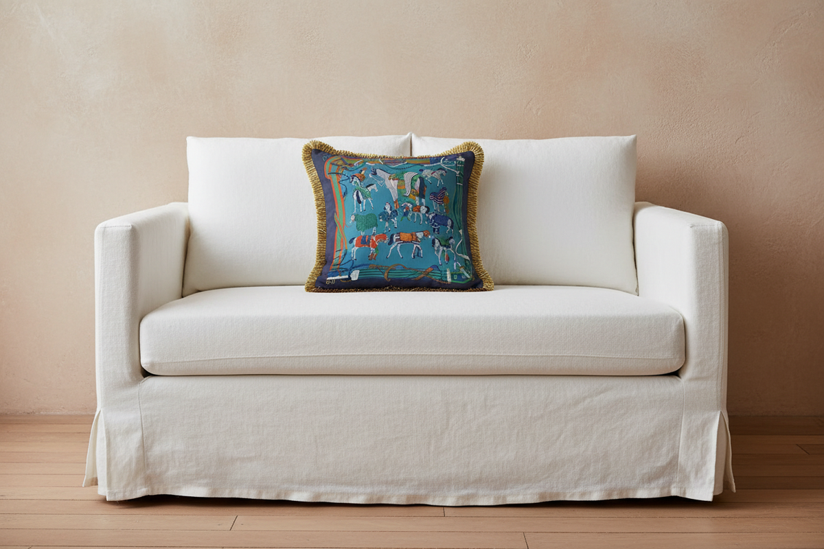 A square decorative throw pillow with a colorful landscape print and gold fringe, styled on an olive green velvet sofa next to a wooden side table.