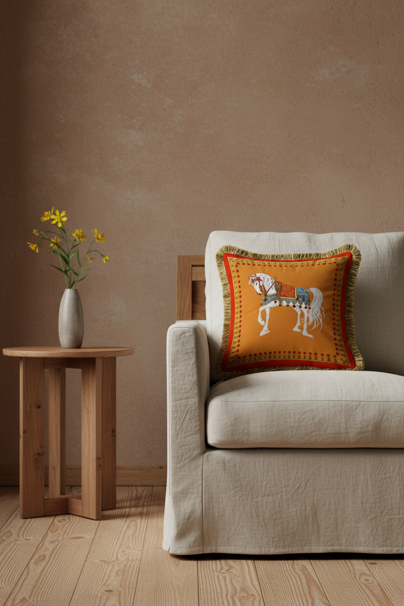A styled armchair in a bright room with sheer white curtains, featuring a square orange throw pillow with a colorful embroidered horse design. A woven side table with pink roses and a floor lamp sit beside the chair on light wood flooring.