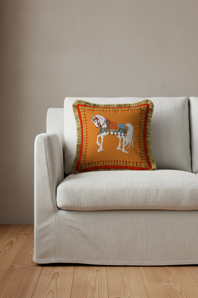 A styled armchair in a bright room with sheer white curtains, featuring a decorative mustard yellow embroidered throw pillow with a horse design. A woven side table with pink roses and a floor lamp are positioned next to the chair.