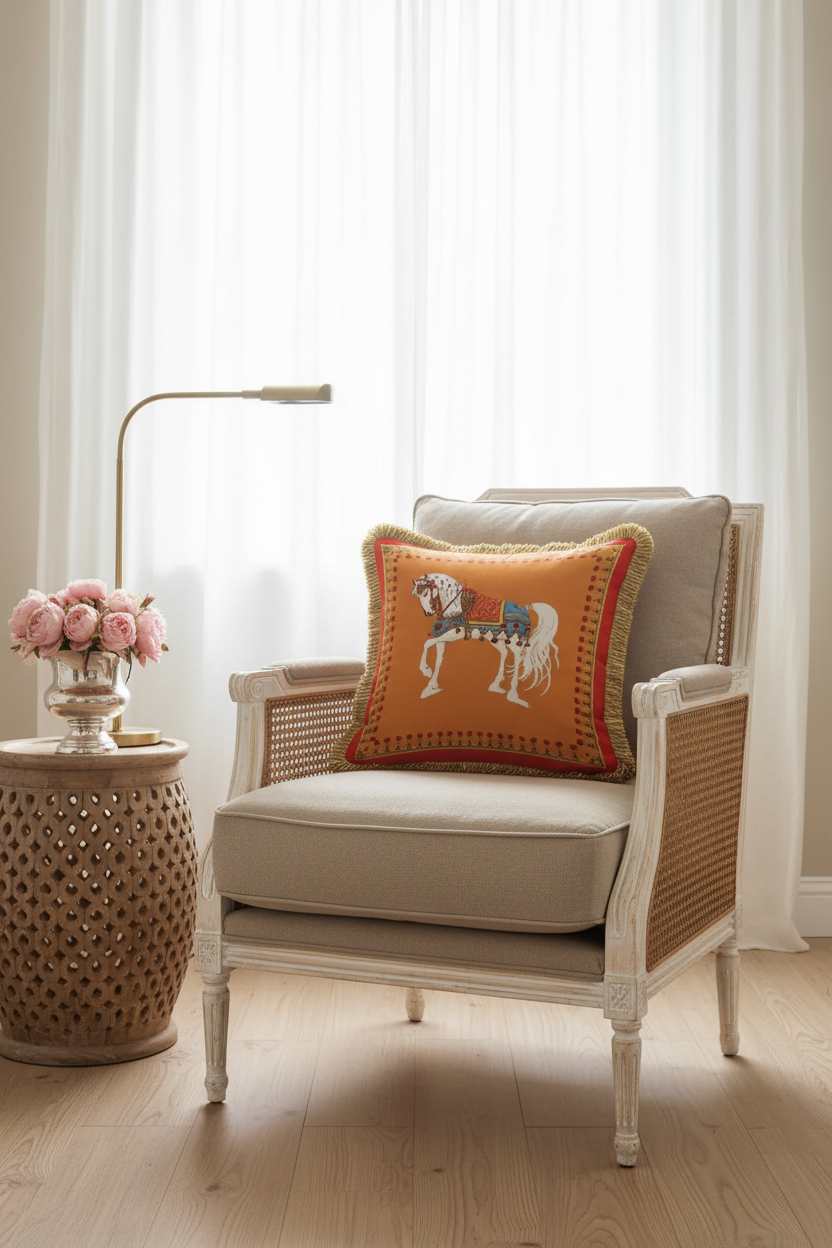 A styled armchair in a bright room with sheer white curtains, featuring a decorative mustard yellow embroidered throw pillow with a horse design. A woven side table with pink roses and a floor lamp are positioned next to the chair.