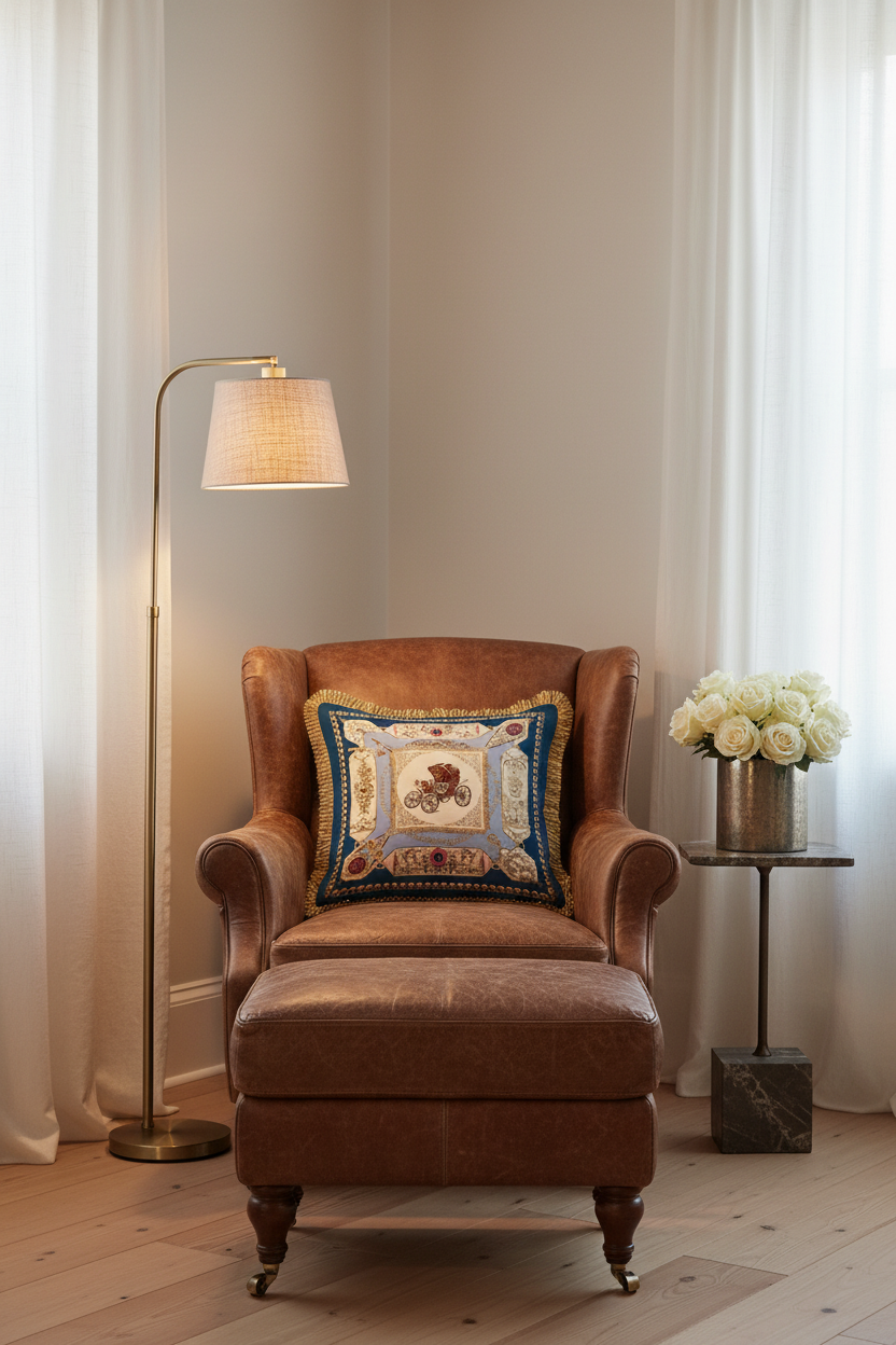 A brown leather wingback armchair with an attached ottoman, styled in a cozy room corner with a decorative blue and gold throw pillow, a brass floor lamp, and a side table with white roses.