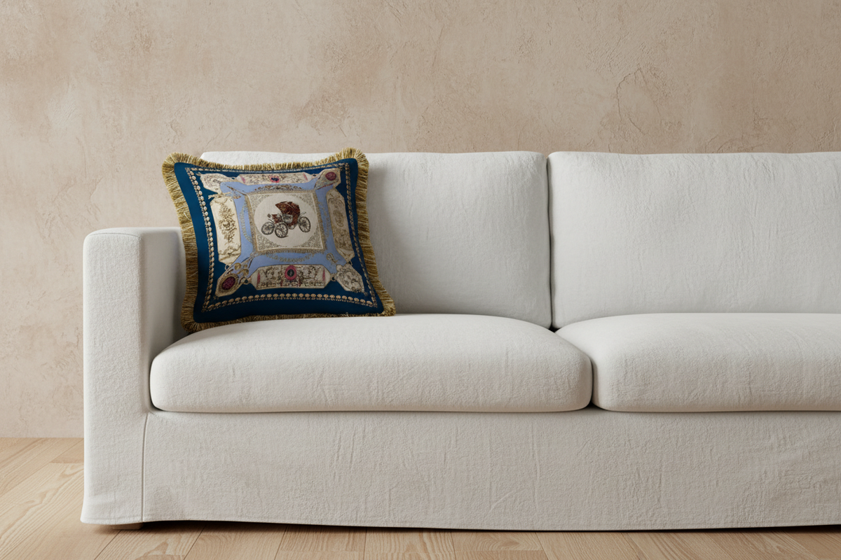 A brown leather wingback armchair with an attached ottoman, styled in a cozy room corner with a decorative blue and gold throw pillow, a brass floor lamp, and a side table with white roses.