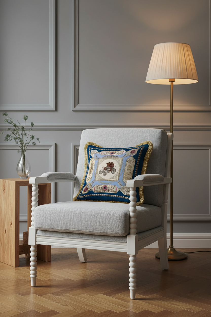 A brown leather wingback armchair with an attached ottoman, styled in a cozy room corner with a decorative blue and gold throw pillow, a brass floor lamp, and a side table with white roses.