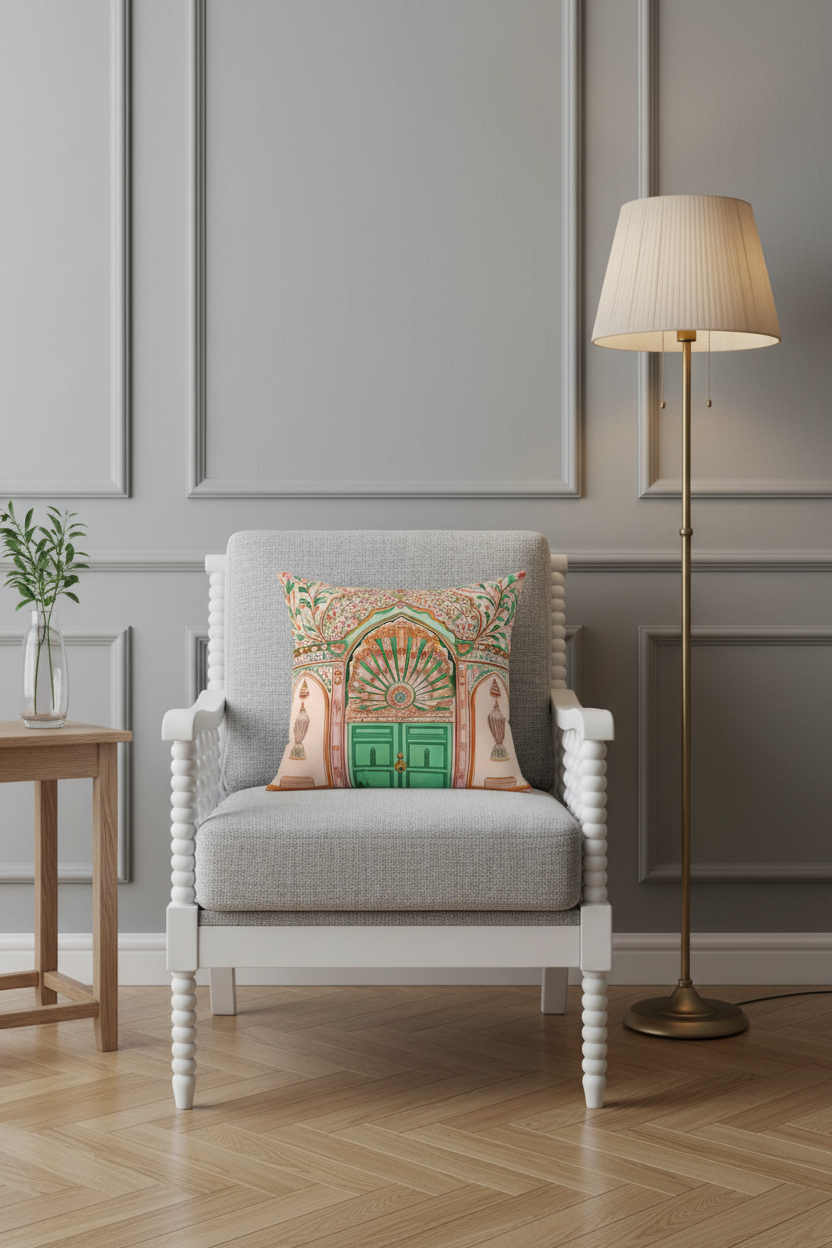 A light beige slipcovered loveseat sofa with a decorative throw pillow featuring a colorful architectural arch design, set against a textured beige wall and light wood floor.