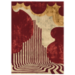 An abstract area rug featuring a retro design with deep burgundy and cream sections, vertical stripes, and wavy organic shapes.