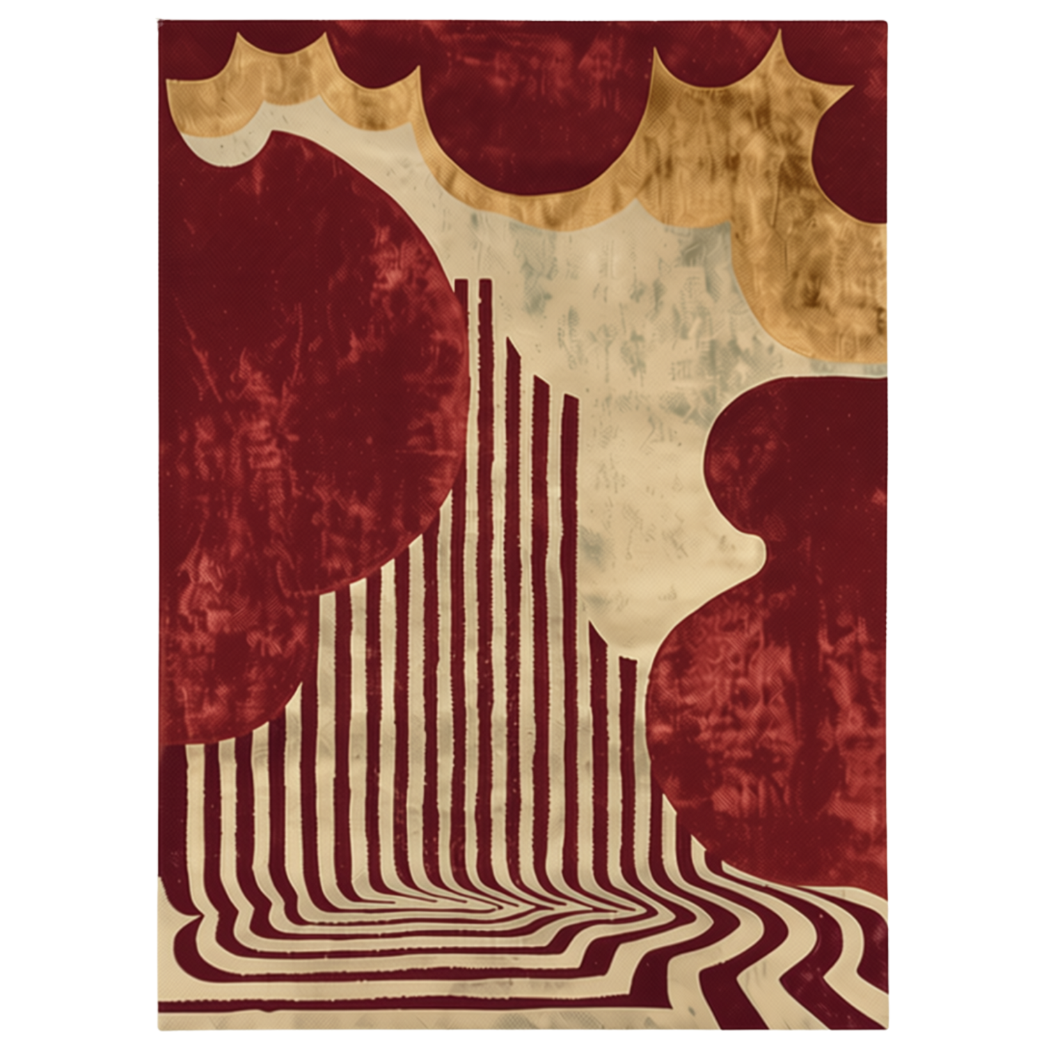 An abstract area rug featuring a retro design with deep burgundy and cream sections, vertical stripes, and wavy organic shapes.