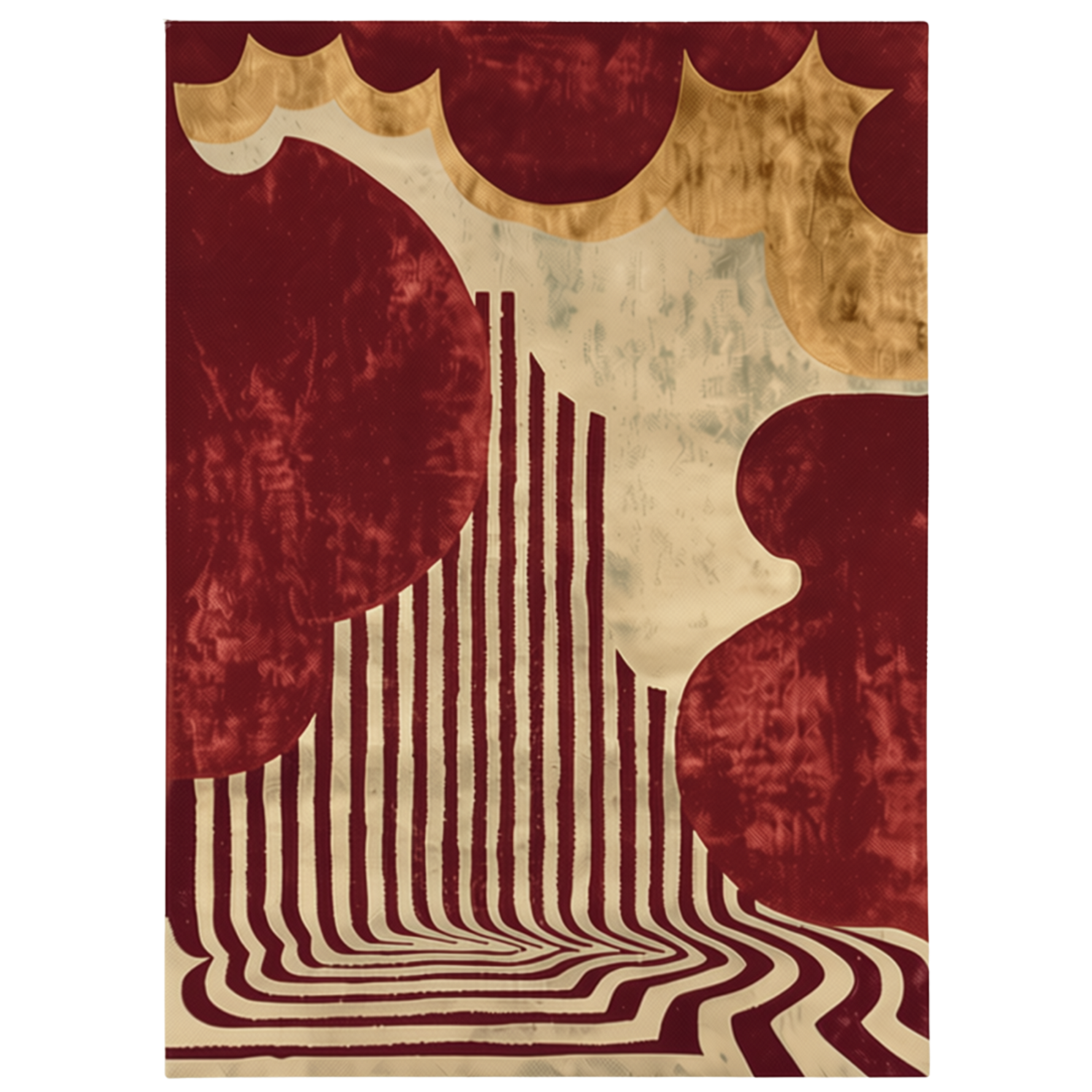 An abstract area rug featuring a retro design with deep burgundy and cream sections, vertical stripes, and wavy organic shapes.
