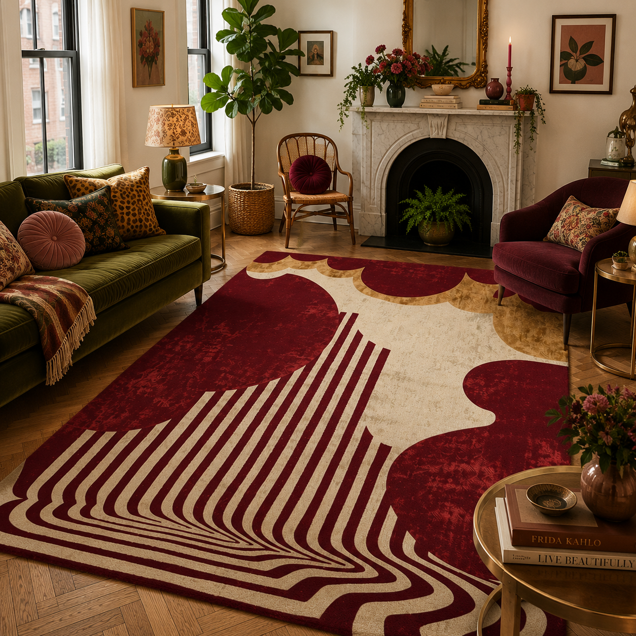 A large area rug with an abstract wavy pattern in deep burgundy and cream, styled in a cozy, vintage-inspired living room with a green sofa, purple armchair, and fireplace.