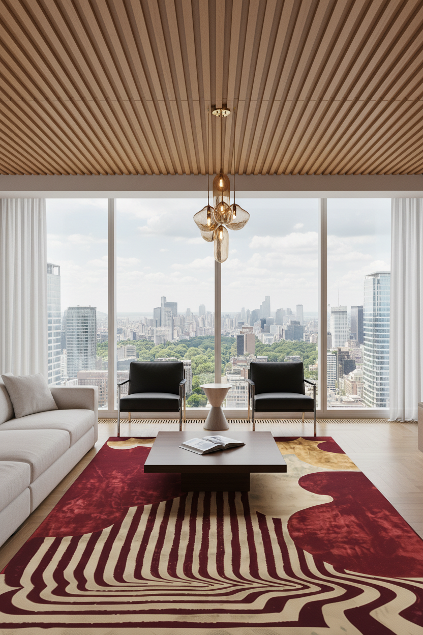 Ruby Red and Gold Striped Hand Tufted Rug 