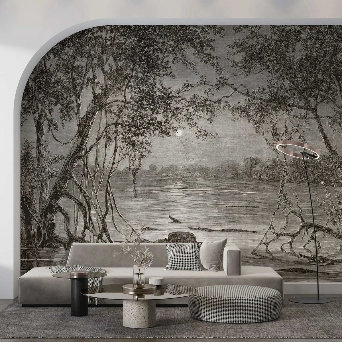 Modern living room with a large wall mural of a forest and lake.