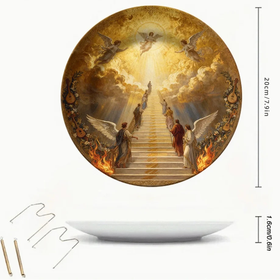 Decorative plate with angelic design and measurements on a white background