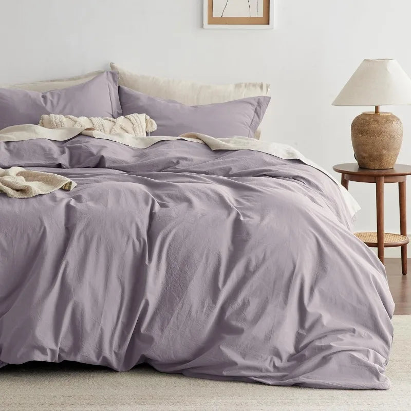 100% Washed Cotton Duvet Cover Set - Lavender