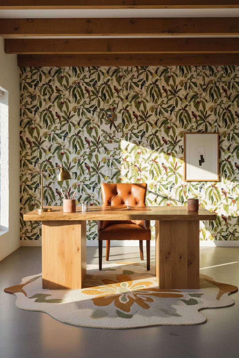 Wallpaper with bird and leaf pattern on a wall behind a wooden table with decorative items.