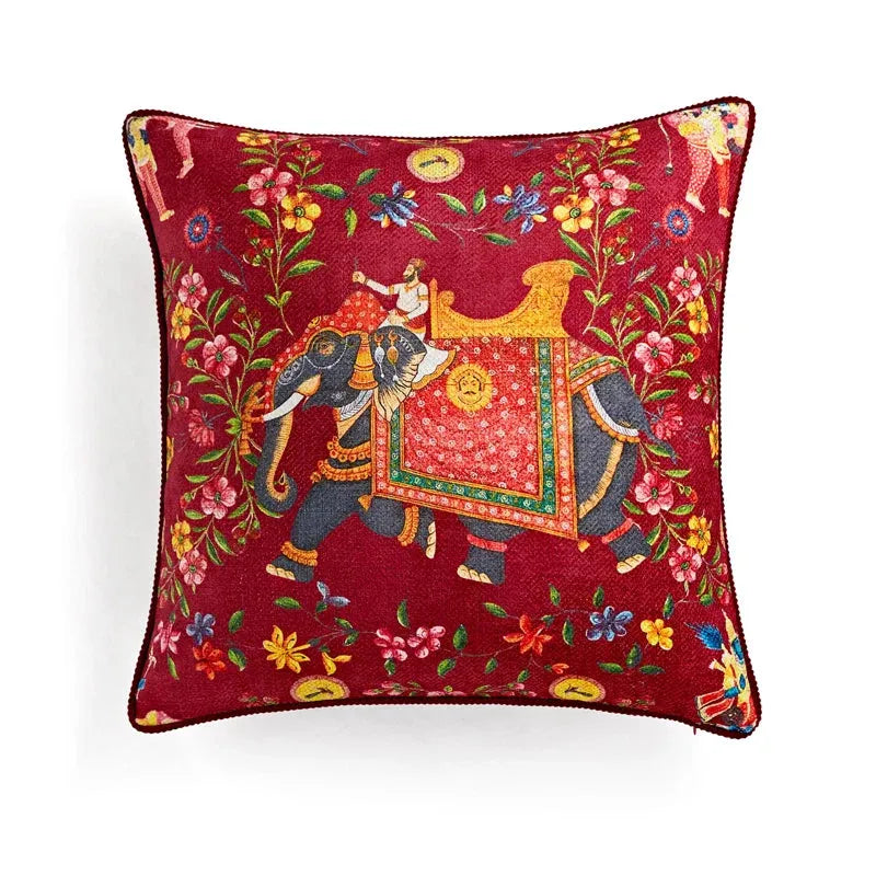 Indian Elephants Throw Pillow Cover Red