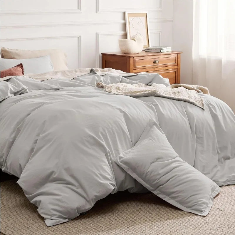 100% Washed Cotton Duvet Cover Set - Stone