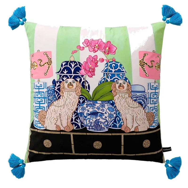 Hand-Drawn Chinoiserie Animal Inspired Pillow Cover with Tassels Blue