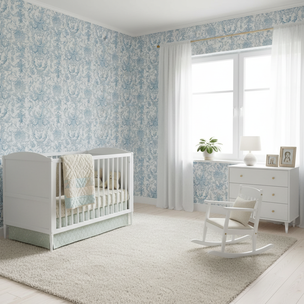 Nursery room with white crib, rocking chair, and decorative wallpaper.