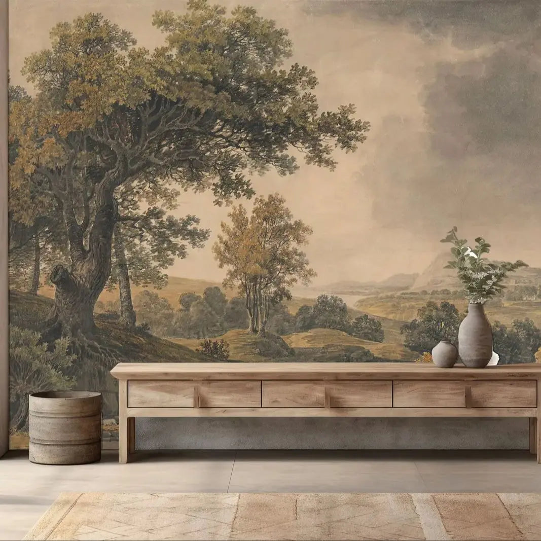 Vintage Watercolor Tree Landscape Mural Wallpaper