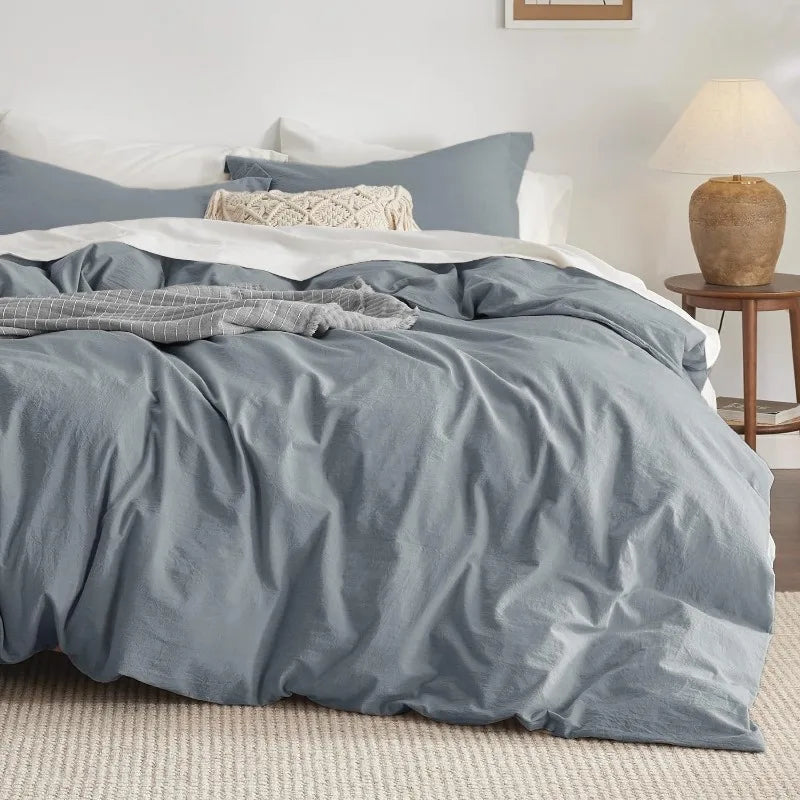 100% Washed Cotton Duvet Cover Set - Grayish Blue