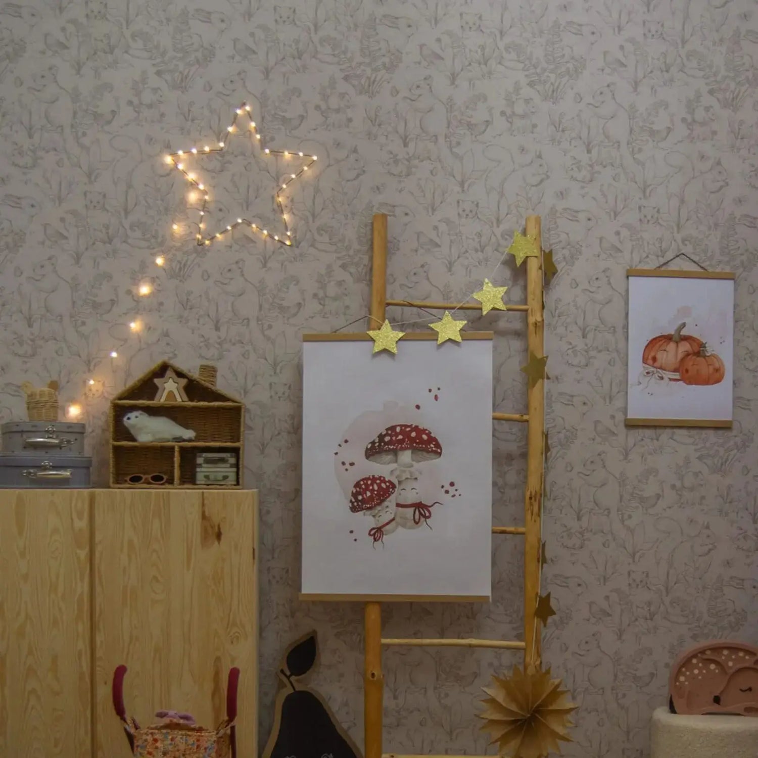 Children's room with wooden furniture, star-shaped lights, and wall decorations.