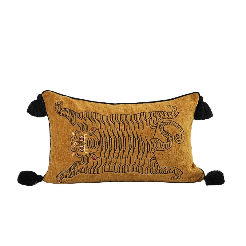 Golden Tiger Velvet Embroidered Throw Pillow Cover