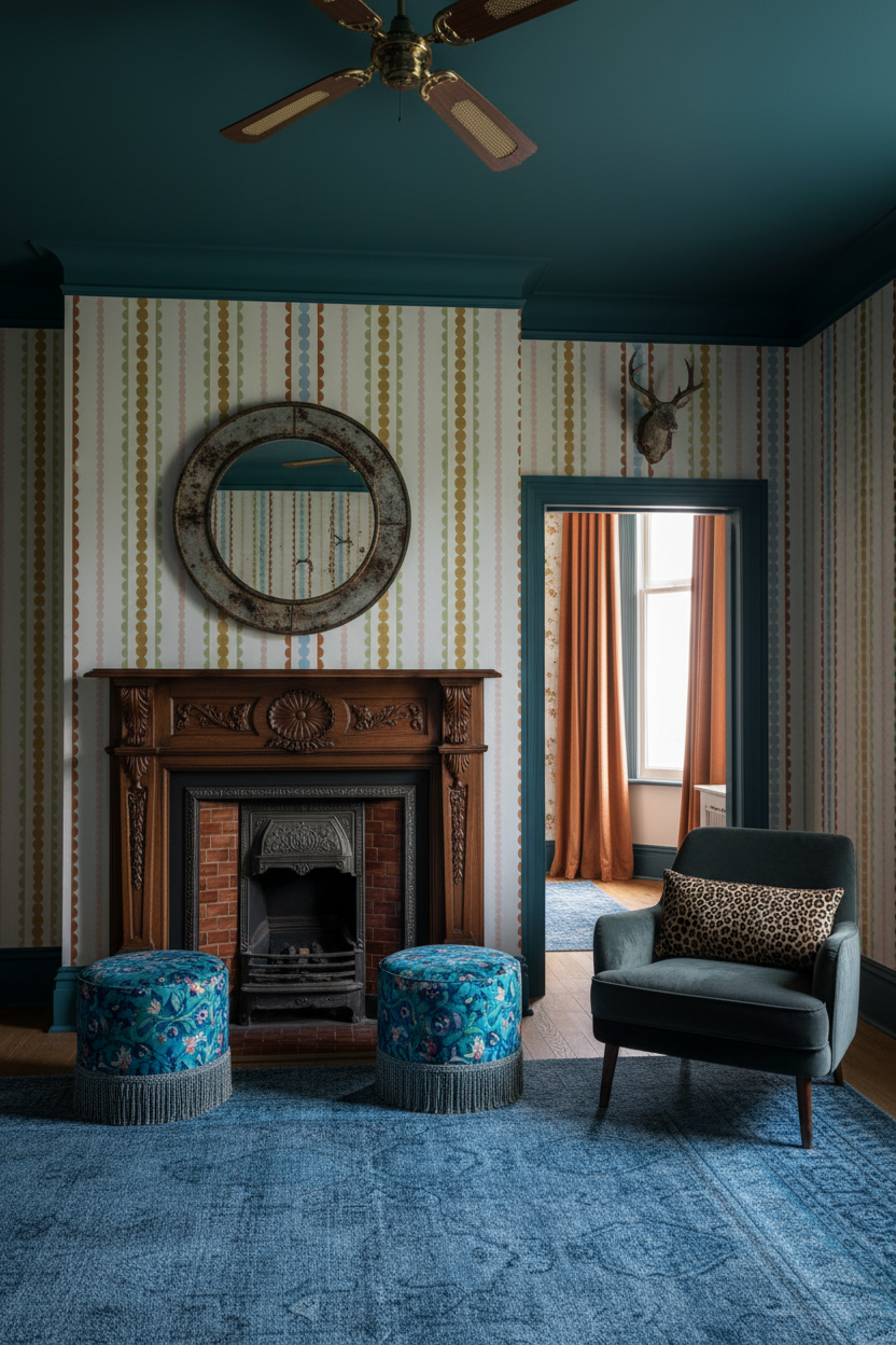 Living room with blue walls, fireplace, and decorative elements.