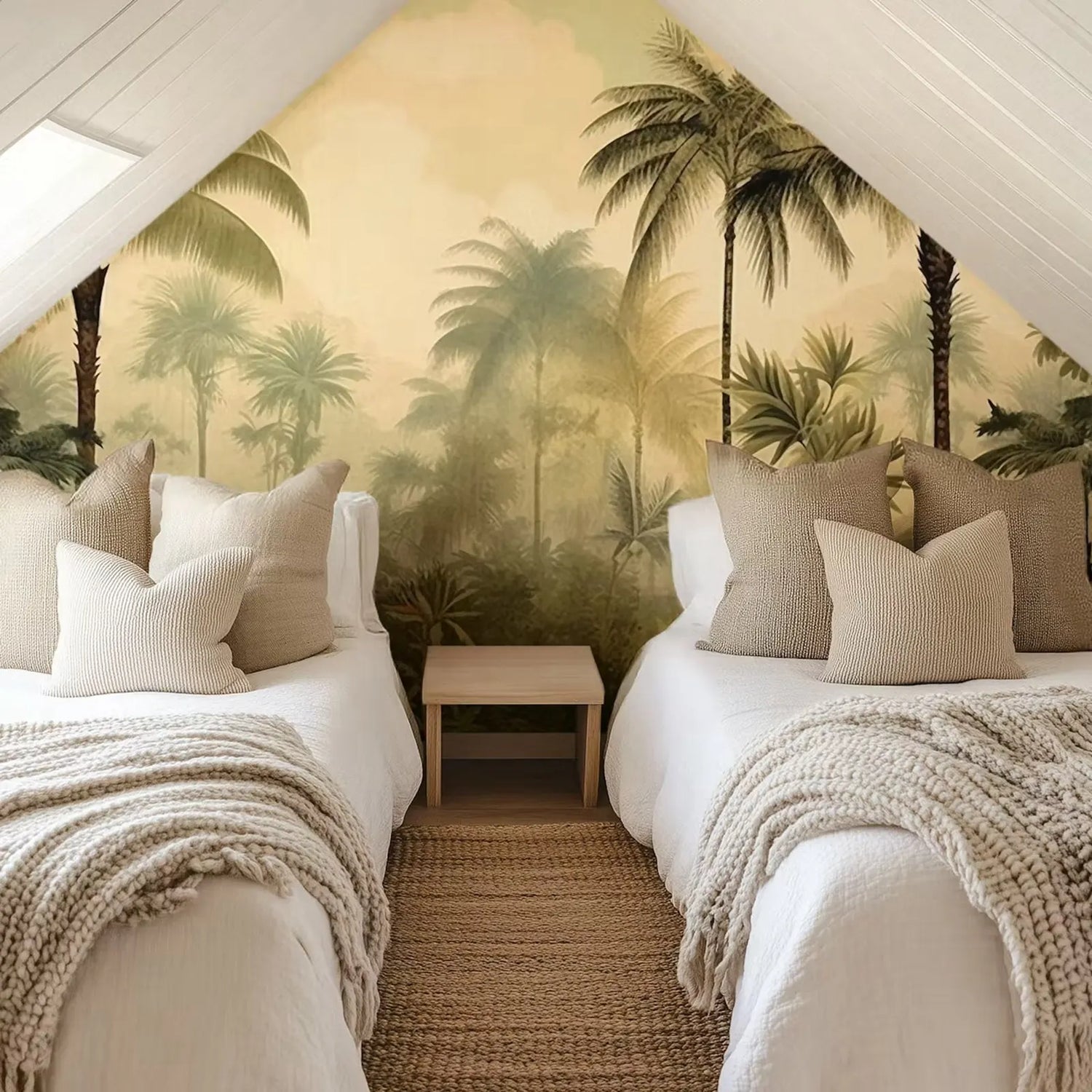 Tropical-themed bedroom with palm tree wallpaper and beige decor.
