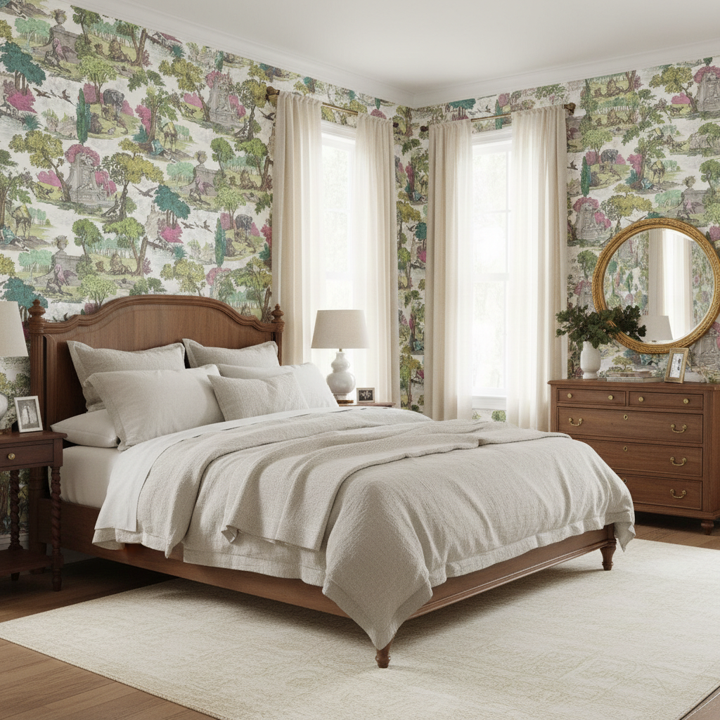 Neatly made bed in a bedroom with floral wallpaper and wooden furniture.