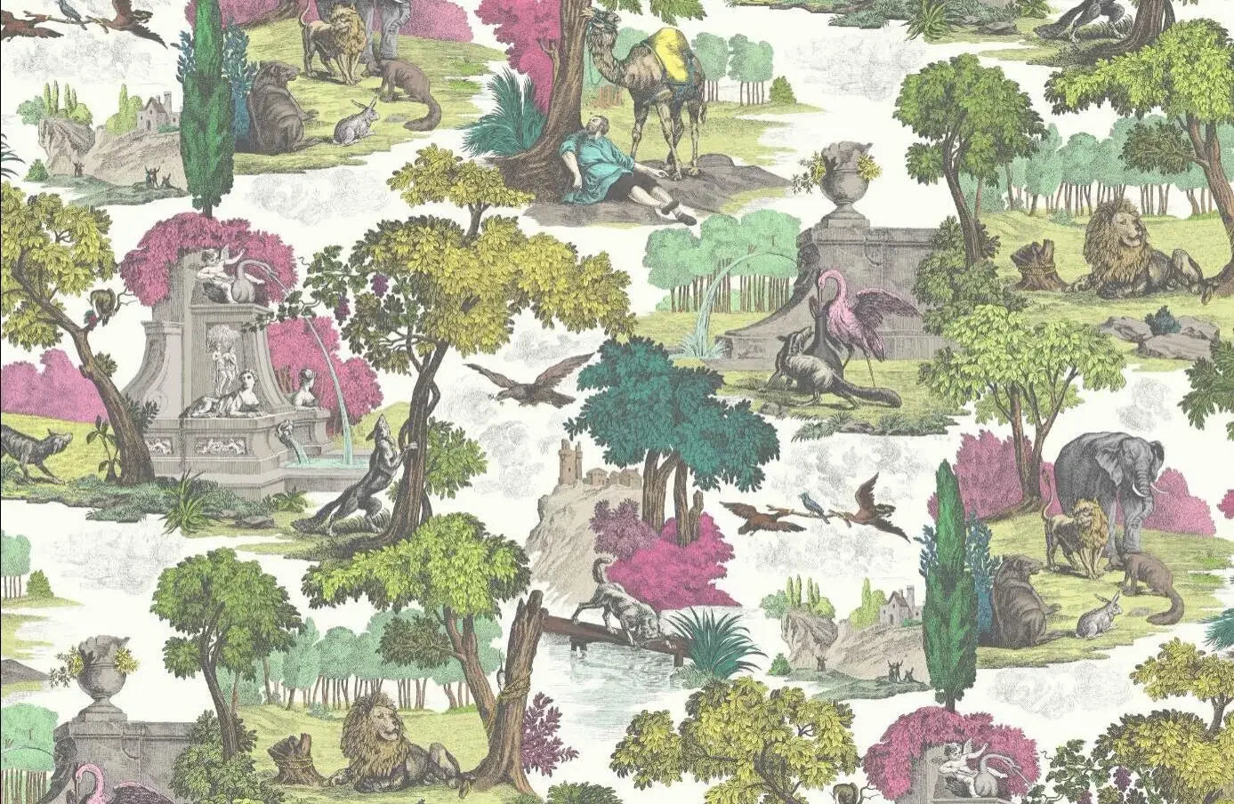 Patterned fabric with classical garden scene, trees, and statues.