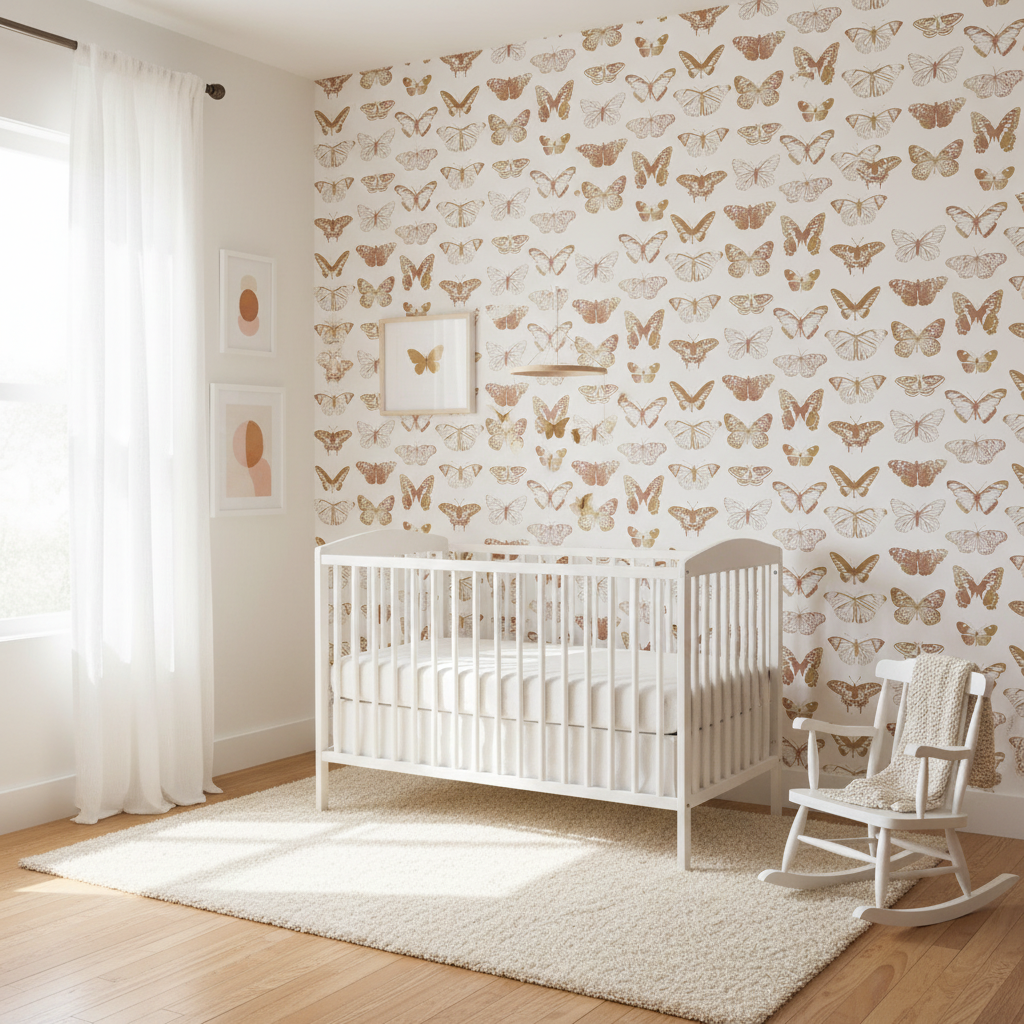 Nursery room with white crib and rocking chair against a butterfly-patterned wall.