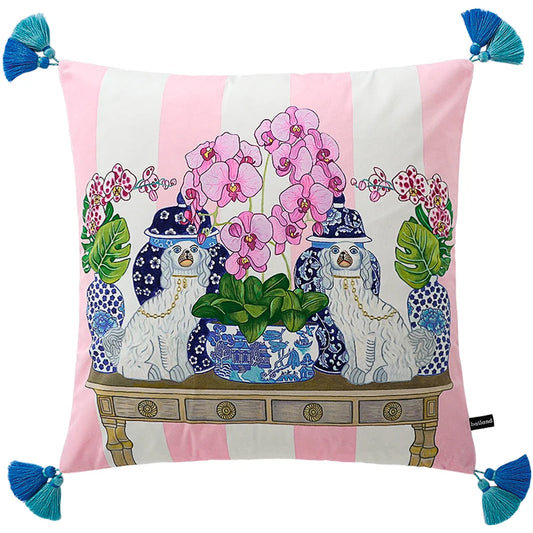 Elevate your home decor with this charming throw pillow cover featuring a floral Chinoiserie design and an iconic Staffordshire dog motif. The cover is adorned with stylish tassels, adding a playful and elegant touch to any sofa or bed. Made from high-quality fabric, this cover is both durable and visually striking, making it the perfect accent piece for adding personality to your living space.