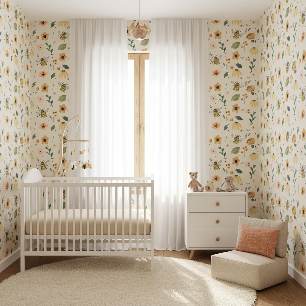 Nursery room with floral wallpaper, white crib, and decorative items.