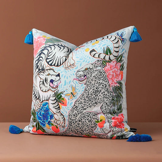 Elevate your decor with this luxurious velvet throw pillow cover showcasing Chinoiserie tigers. Accented with stylish tassels, it adds a touch of exotic elegance to any space.