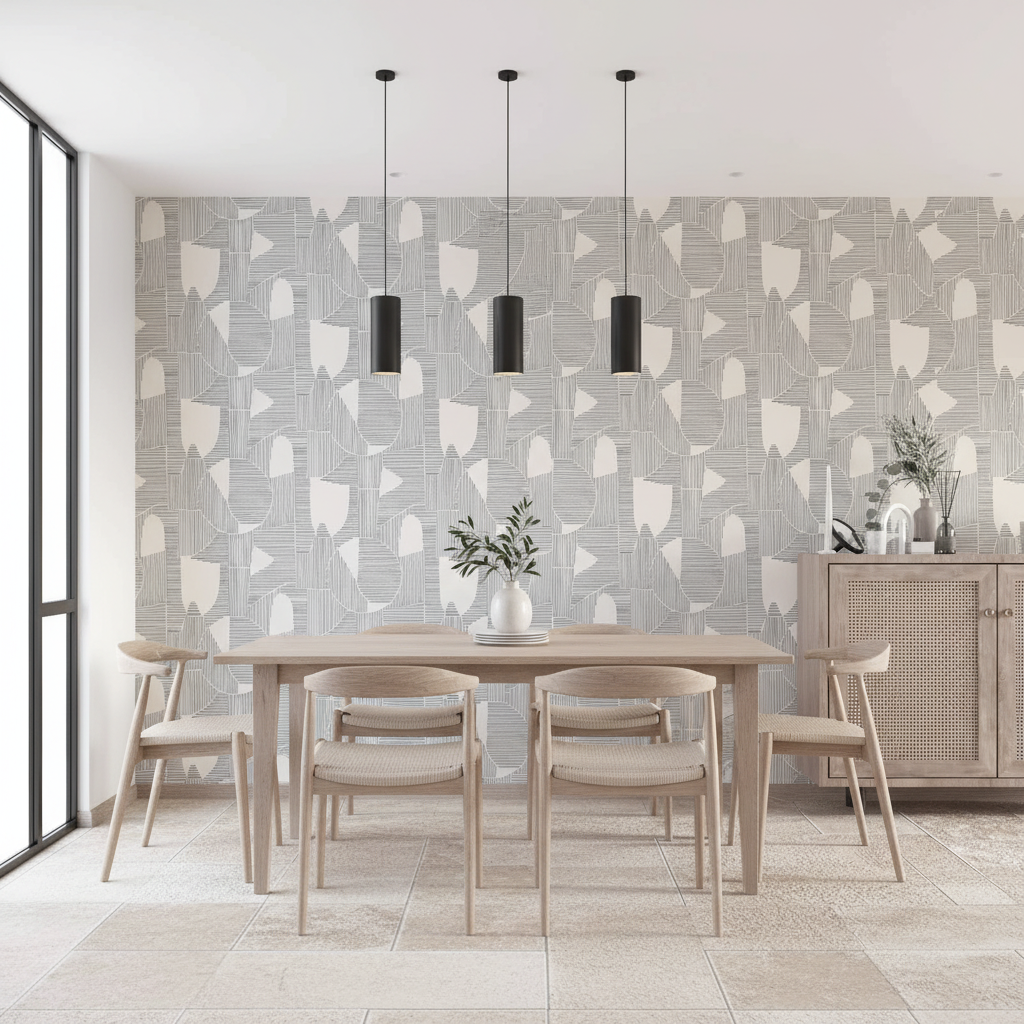 Dining room with a wooden table and chairs against a patterned wall.