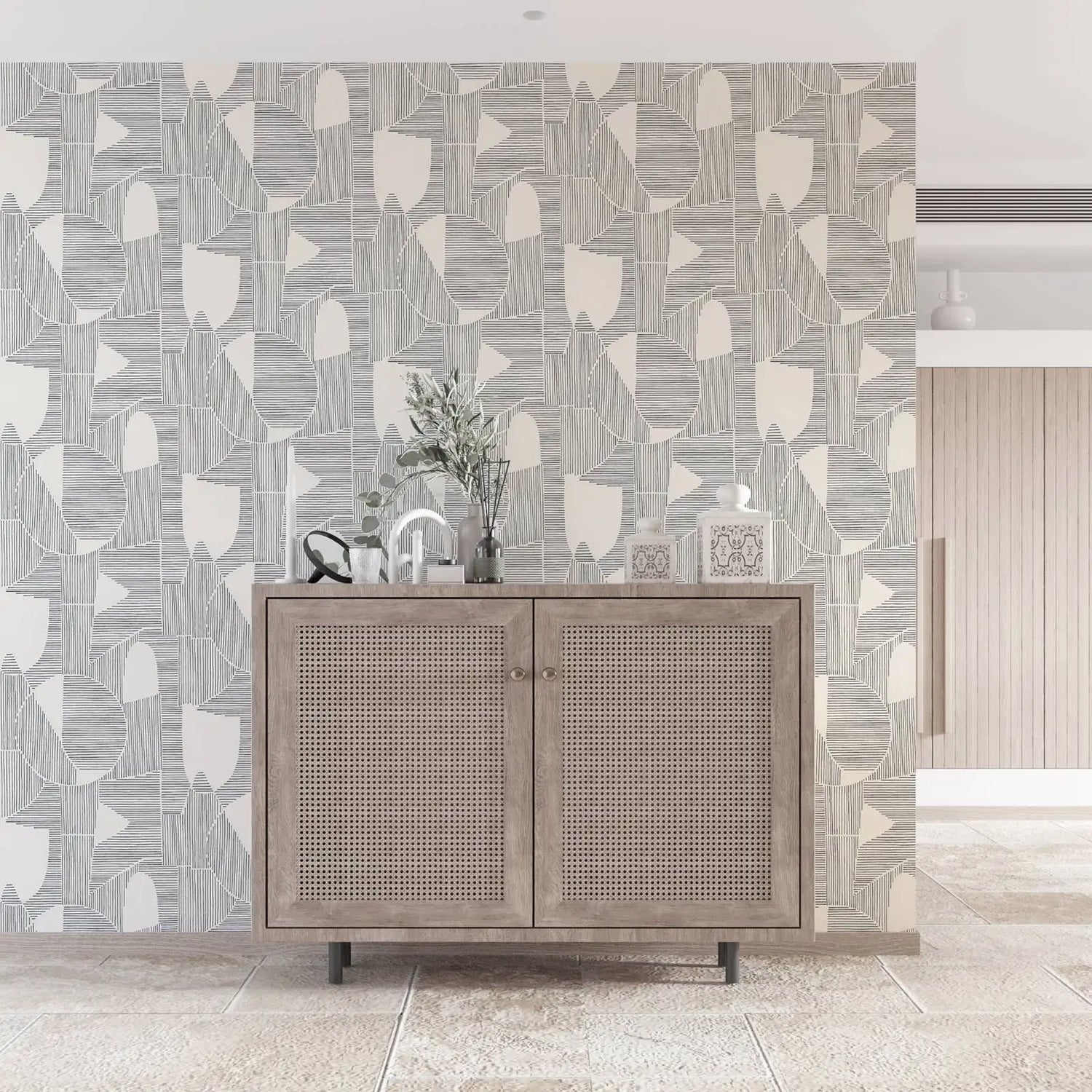 Wooden cabinet against a patterned wall with decorative elements.