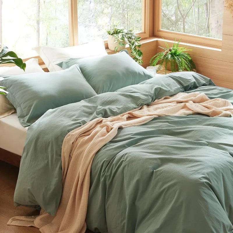 100% Washed Cotton Duvet Cover Set -  Sage Green