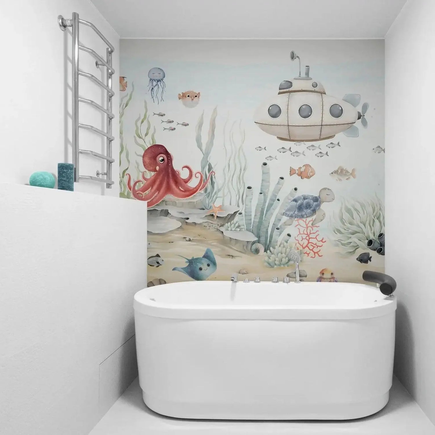 Bathroom with a bathtub and an underwater-themed wall mural featuring a submarine and sea creatures.