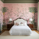 Bedroom with pink floral wallpaper, white bed, and wooden nightstands.