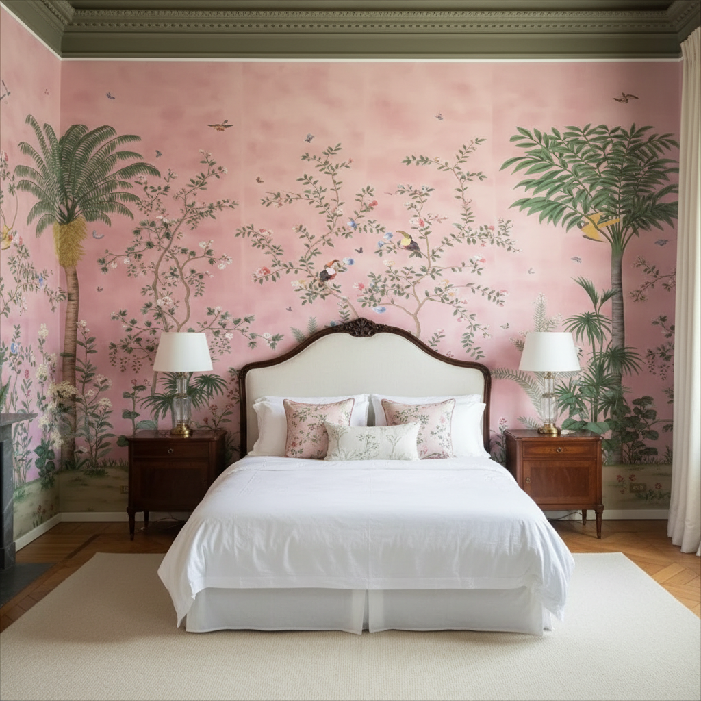 Bedroom with pink floral wallpaper, white bed, and wooden nightstands.