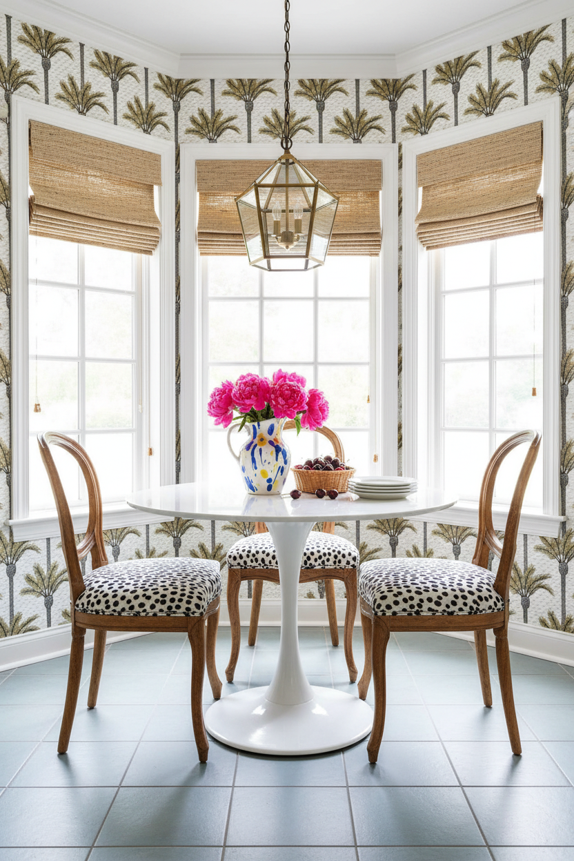 Dining room with a white table and patterned chairs, featuring a vase of pink flowers.