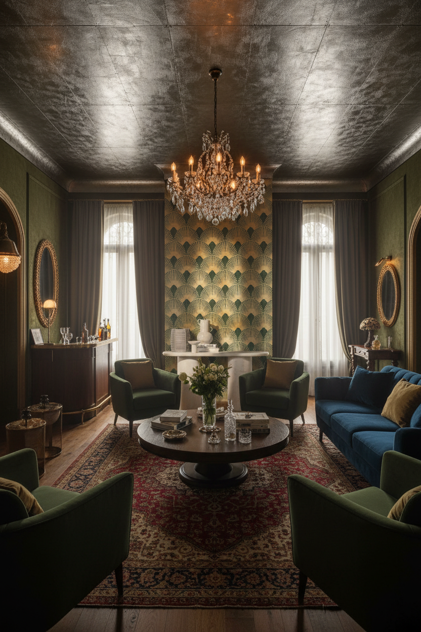 Luxurious living room with a chandelier, green sofa, and patterned walls.