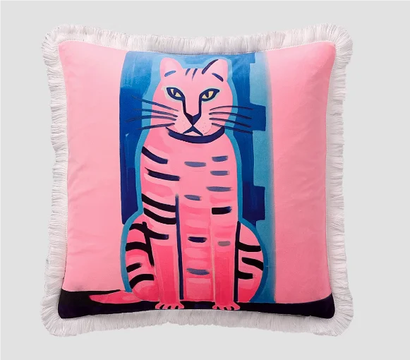 Playful Pink Feline Art Cushion Cover