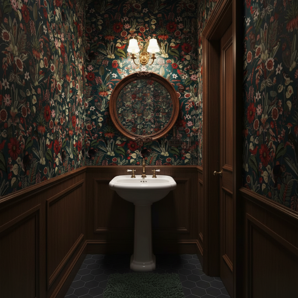 Decorative bathroom with floral wallpaper, a white sink, and a round mirror.
