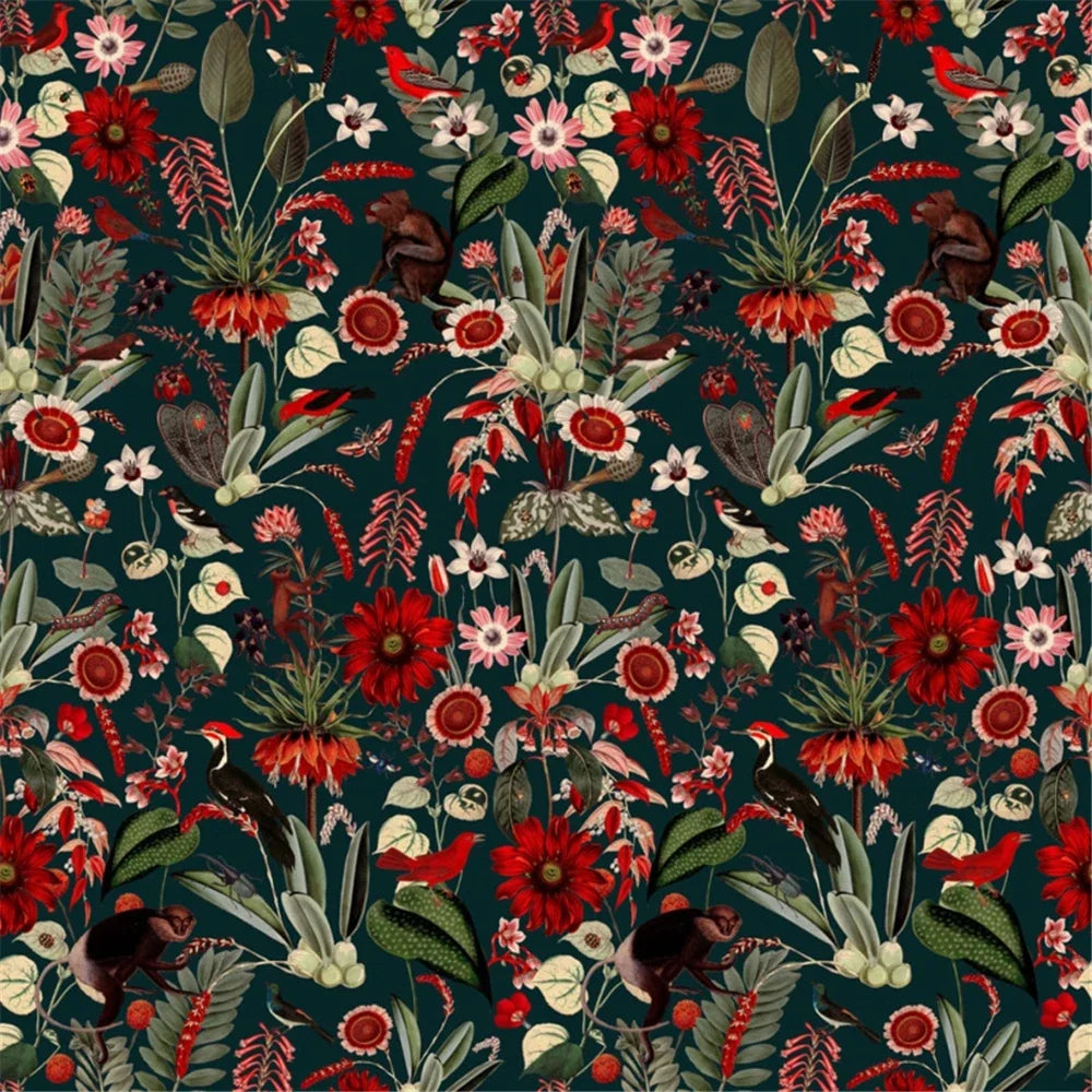 Vibrant floral pattern with red, green, and pink flowers on a dark background