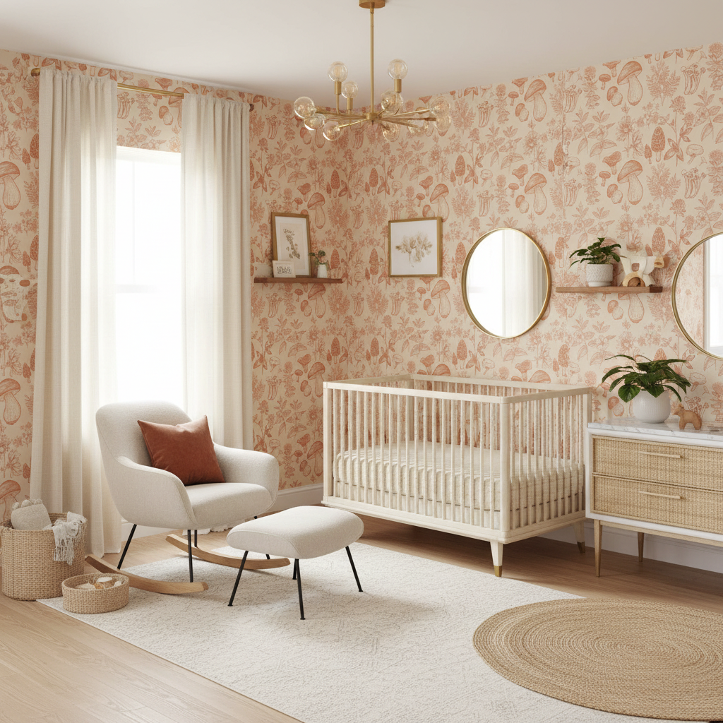 Nursery room with floral wallpaper, crib, and decorative elements.