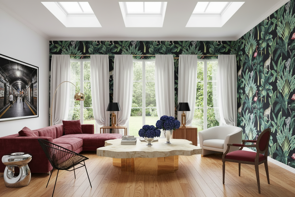 Modern living room with floral-patterned wallpaper, a white sofa, and decorative elements.
